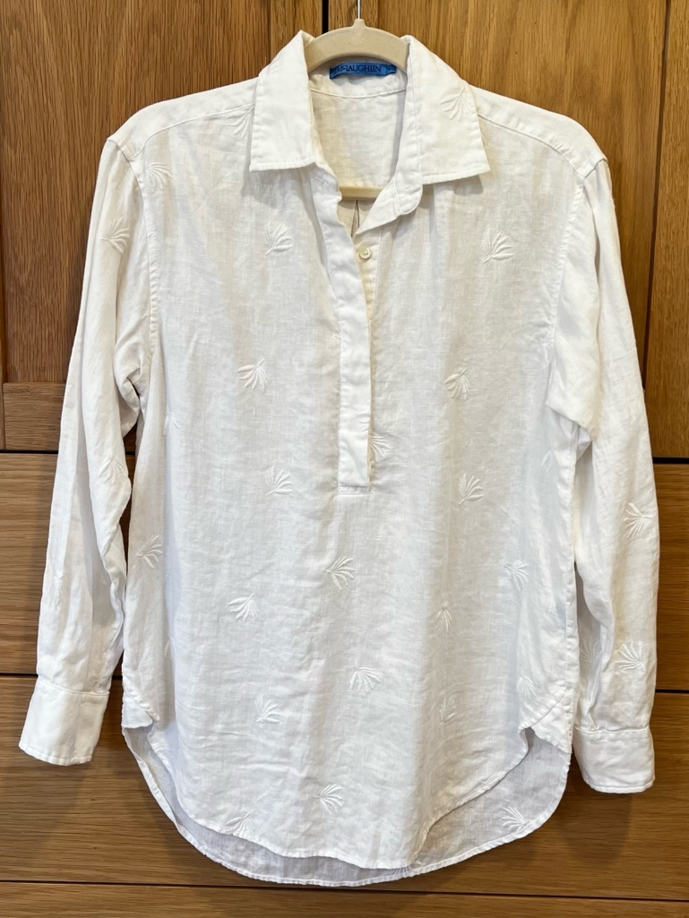 J McLaughlin Linen Embroidered Palm Popover Blouse Ivory Size Small Resort Beach